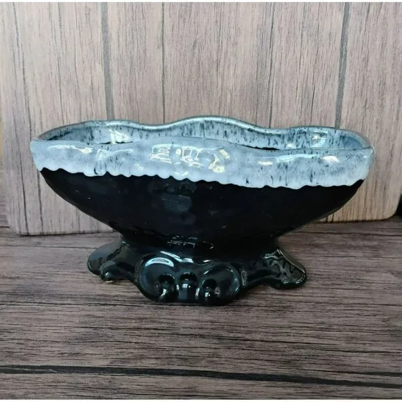 McCoy USA Pottery Pedestal Planter, Black with Grey White Foam Glaze Bowl 8.5" - Picture 8 of 11